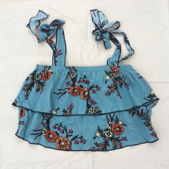 Sky and Sparrow Blue Floral Ruffle Tier Tie Top - Picture 3 of 7